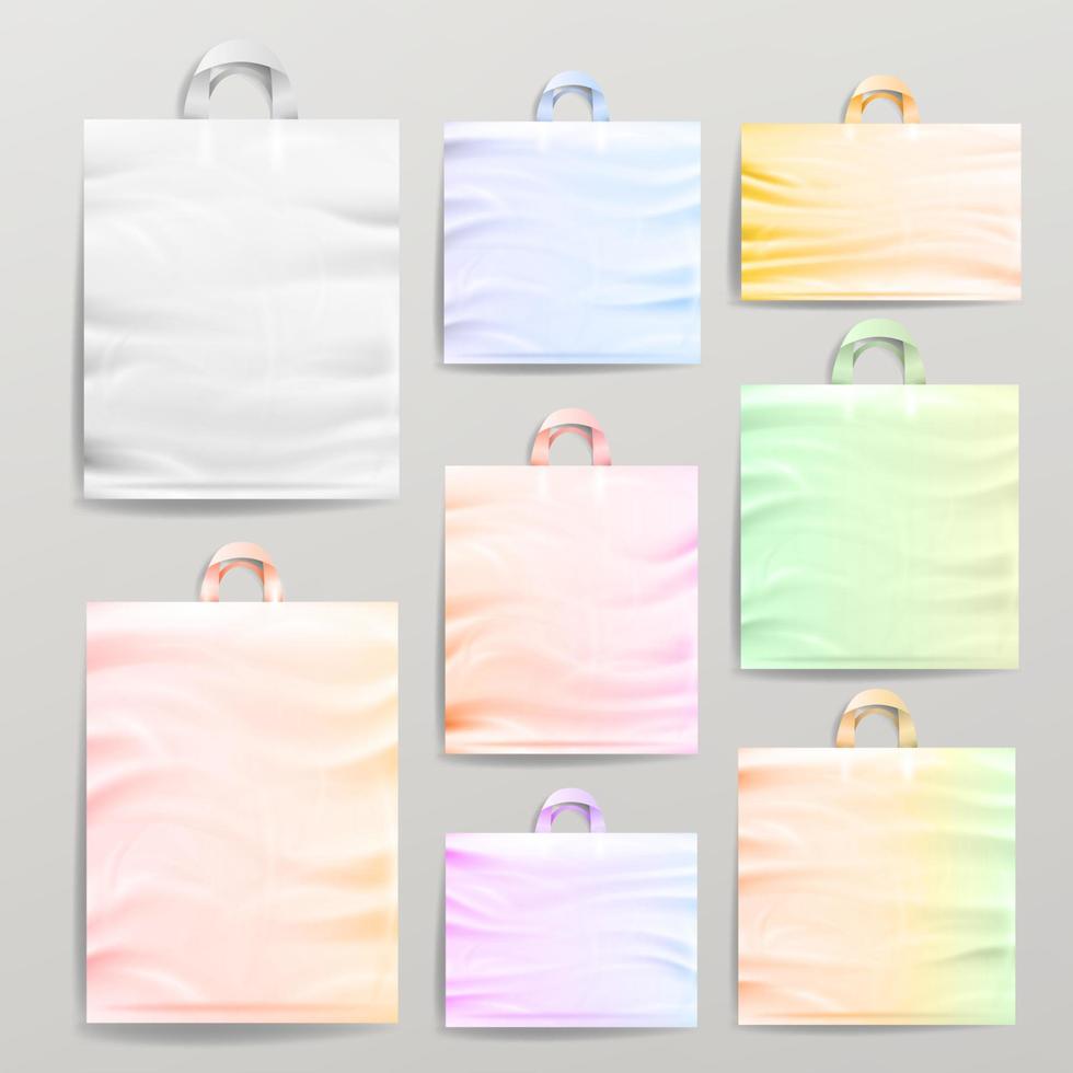 Plastic Shopping Realistic Bags Set With Handles. Colorful Empty Reusable Close Up Mock Up. Vector Illustration