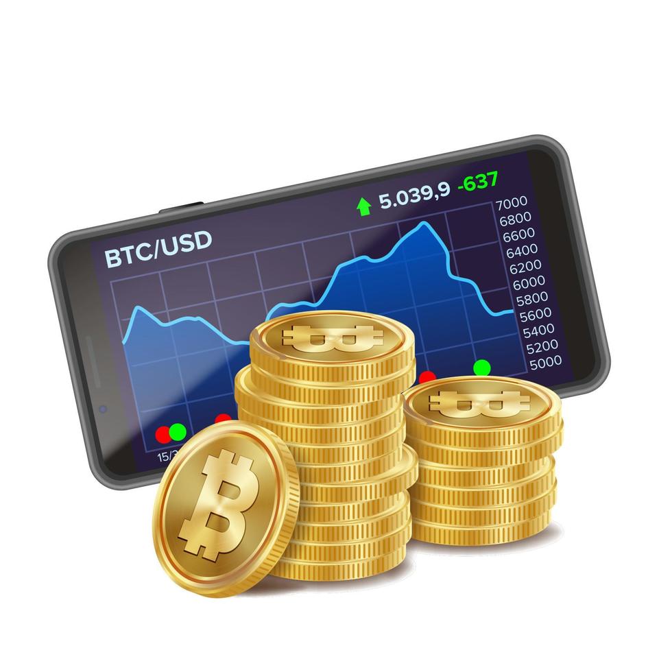 vector de monedas de smartphone y bitcoin. dinero digital concepto de inversión en criptomonedas. monedas de oro 3d realistas. aislado en blanco ilustración