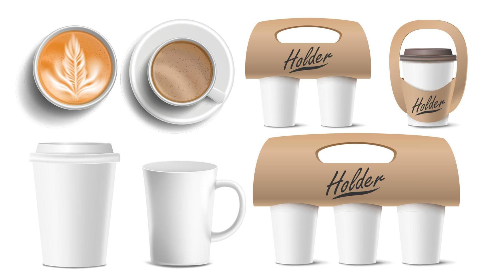 Coffee Packaging Vector. Cups Mock Up. Ceramic And Paper, Plastic Cup. Top, Side View. Cups Holder For Carrying, One, Two, Three Cups. Hot Drink. Take Away Cafe Coffee Cups Holder Mockup. vector