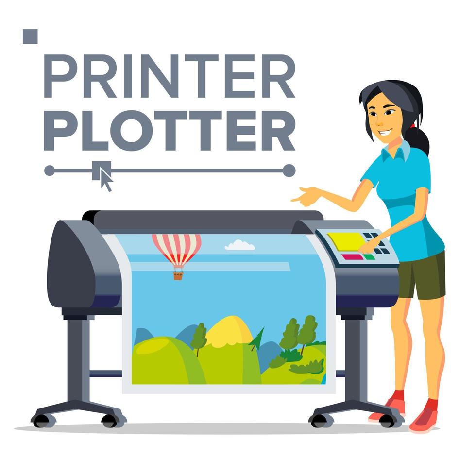 Worker With Plotter Vector. Woman. Full Color Latex, Laser Printer. Printshop Service. Isolated Flat Cartoon Illustration vector