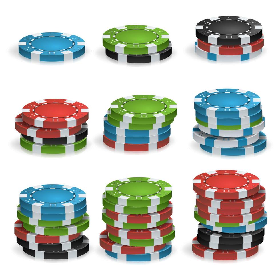 vector de pilas de fichas de póquer. el plastico. ilustración de fichas de casino en blanco, rojo, negro, azul y verde. para casino en línea, club de juego, póquer, cartelera.