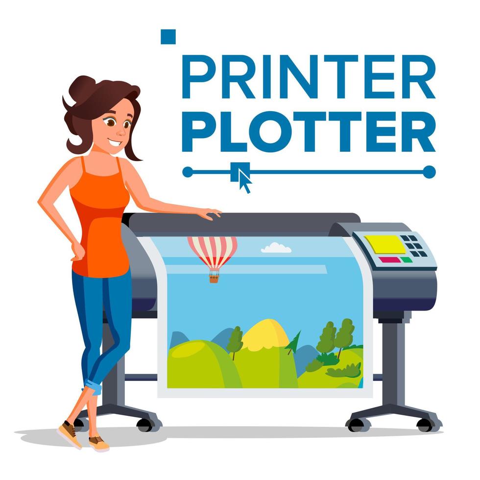 Worker With Plotter Vector. Woman. Prints Beautiful Picture, Banner. Print Service. Isolated Flat Cartoon Illustration vector
