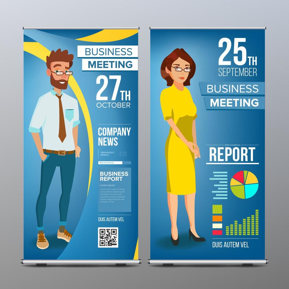 Roll Up Stand Vector. Vertical Flag Blank Design. Businessman And Business Woman. Market, Exhibition. For Business Conference. Invitation Concept. Blue, Yellow. Modern Flat Illustration vector