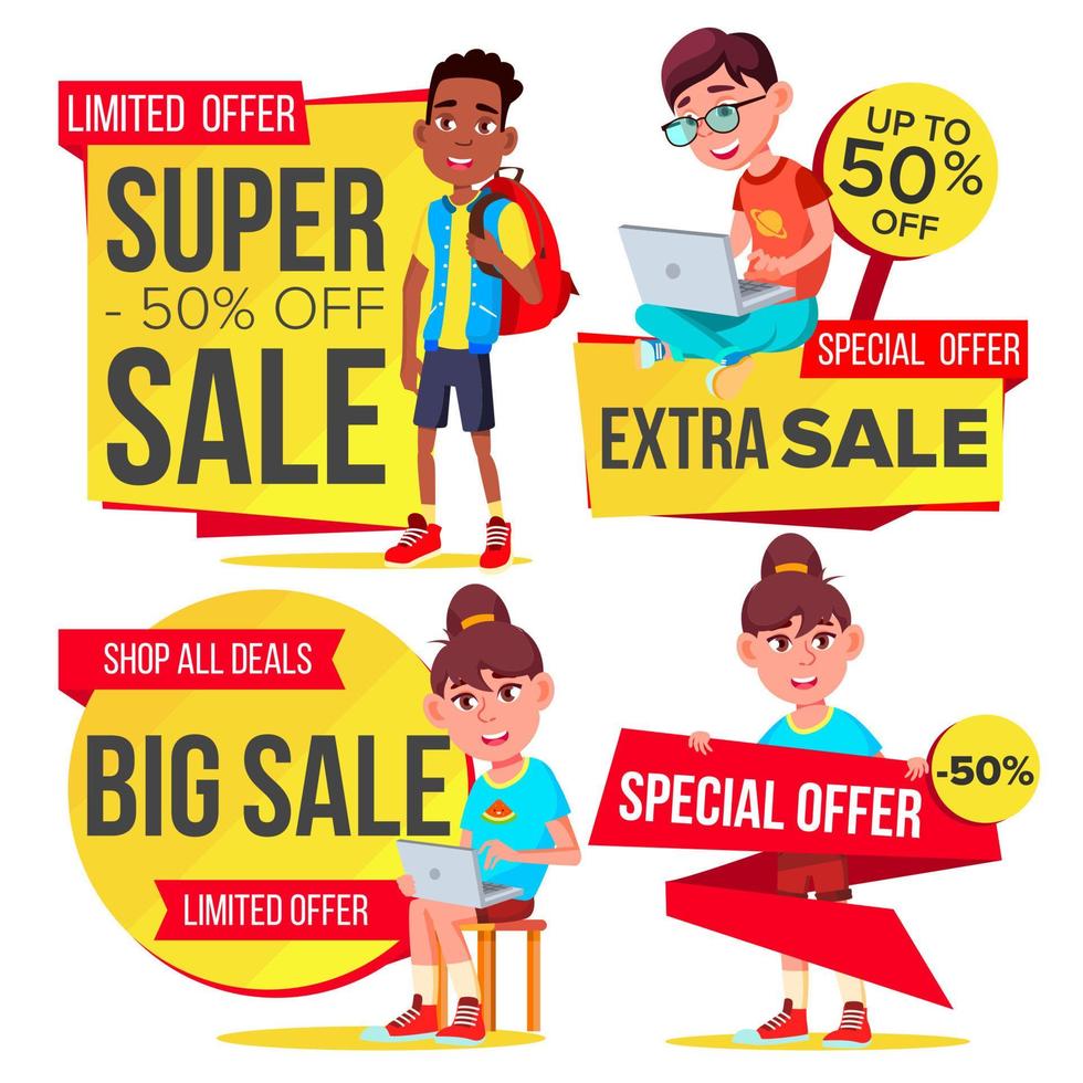 Big Sale Banner Set Vector. School Children, Pupil. Template For Advertising. Discount Tag, Special Offer Banner. Up To 50 Percent Off Badges. Isolated Illustration vector