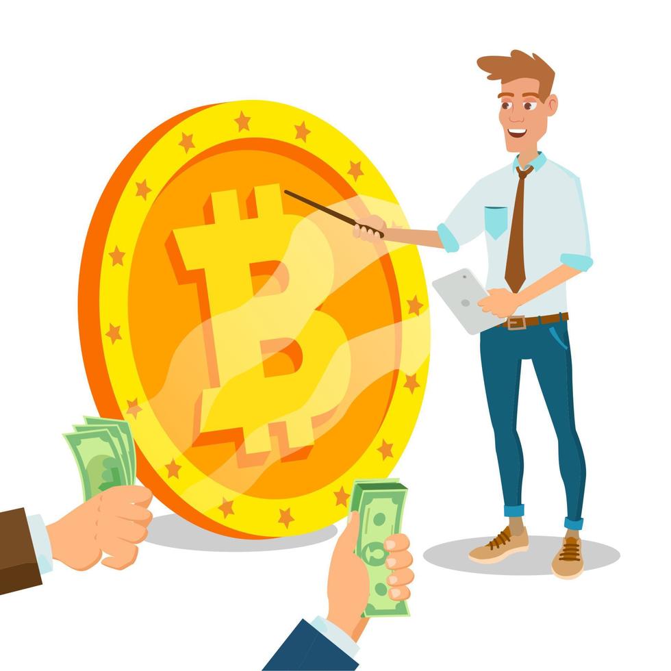 Bitcoin Innovative Start Up Vector. Monetization Project Idea Concept. Businessman With Big Bitcoin Sign. Isolated On White Cartoon Business Character Illustration vector