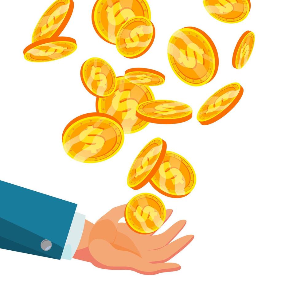 Dollar Falling To Business Hand Vector. Flat, Cartoon Gold Coins Illustration. Finance Coin Design. Currency Isolated vector