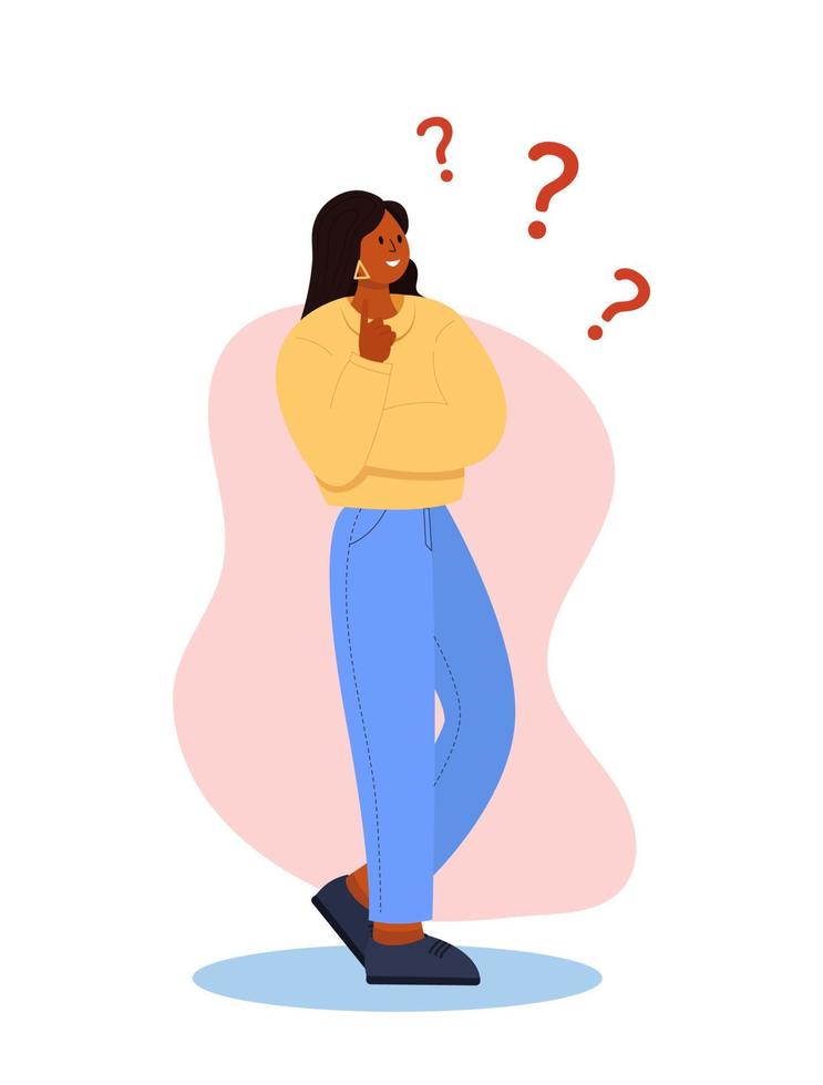 una mujer joven que piensa en una pregunta. una persona que duda de su elección. concepto de resolución de problemas, pensamiento femenino, con signo de interrogación. ilustración plana vector