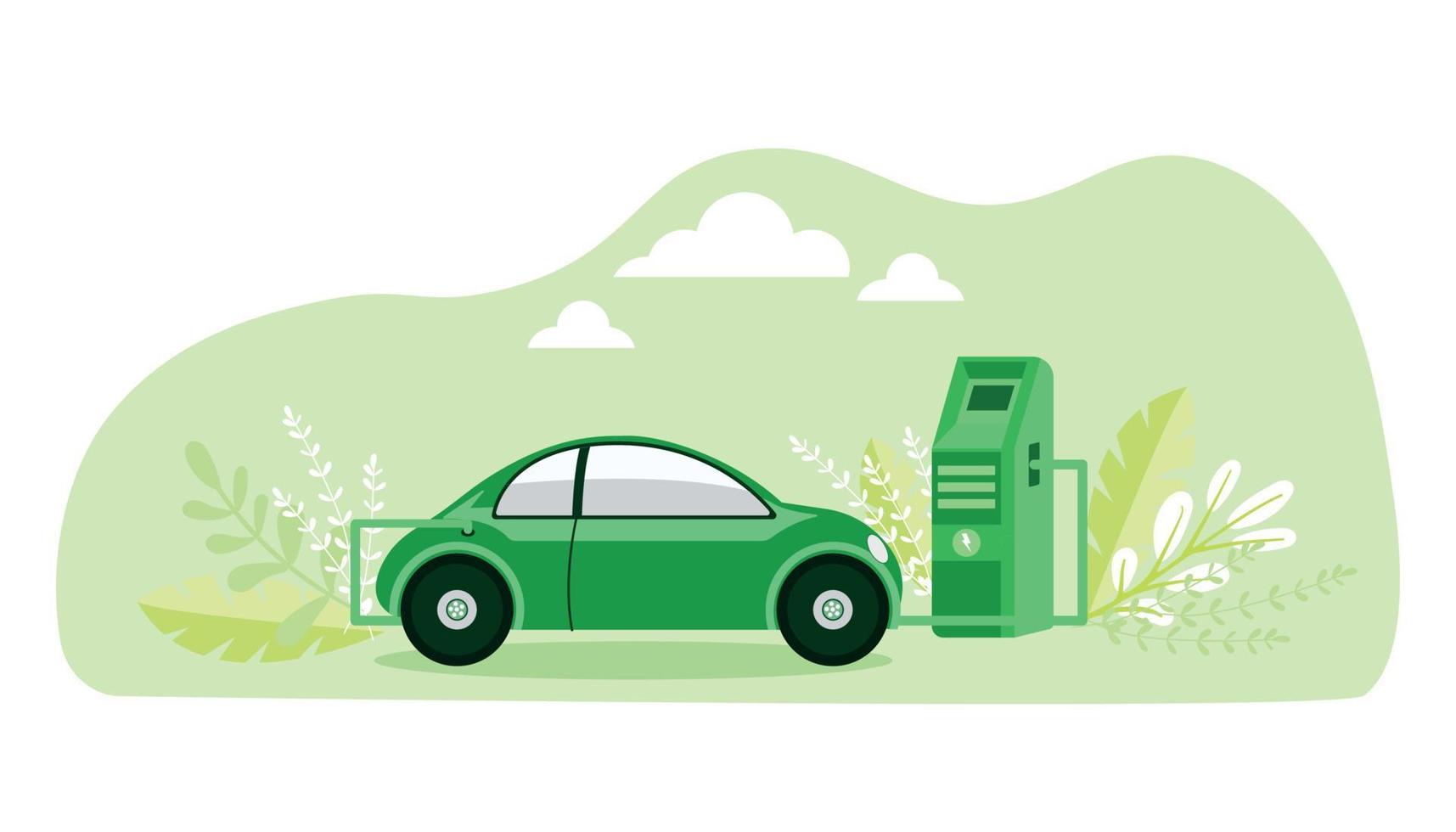 Modern electric smart SUV for charging cars at the charging station with a plug cable. Isolated flat vector illustration on a white background. Electrified electronic transport movement of the future