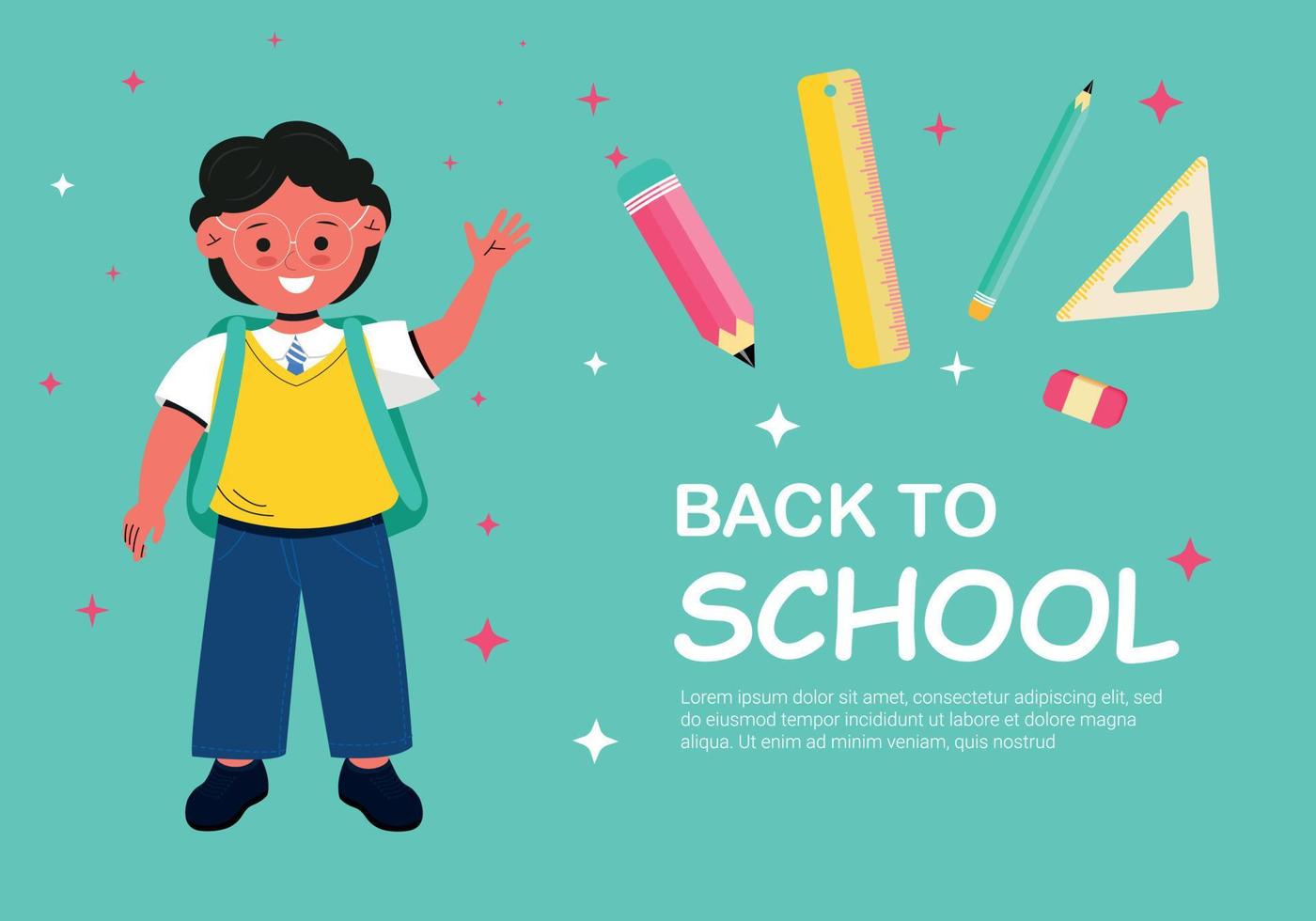Banner Back to school with a smiling student and school supplies. Colorful back to school template for invitation, poster, banner, promotion, sale, etc. school supplies cartoon illustration. Vector