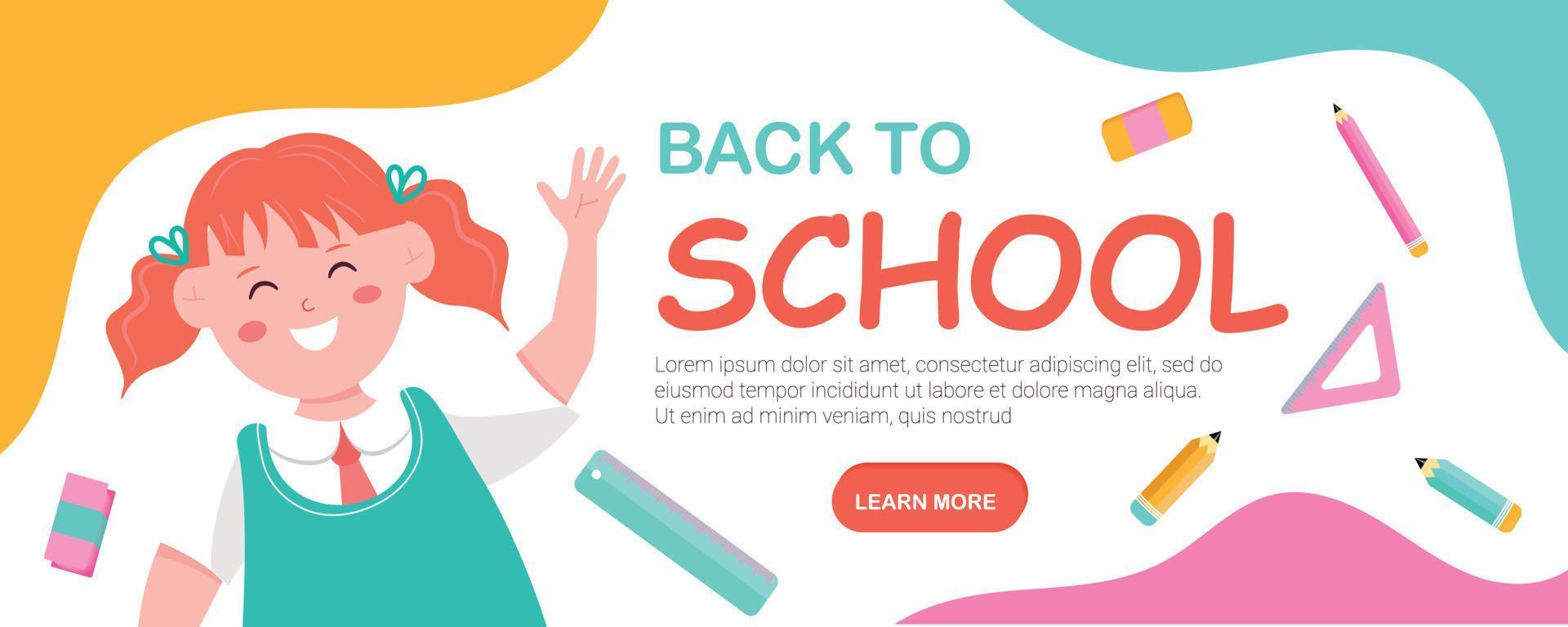 Banner Back to school with a smiling students and school supplies. Colorful back to school template for invitation, poster, banner, promotion, sale, etc. school supplies cartoon illustration. vector