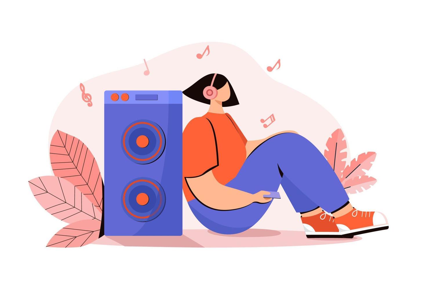 Radio Recorder Playing Music for the girl. Woman Listen to Song and Smiling. Sound Stereo Record Device Horizontal Flat Cartoon Vector Illustration