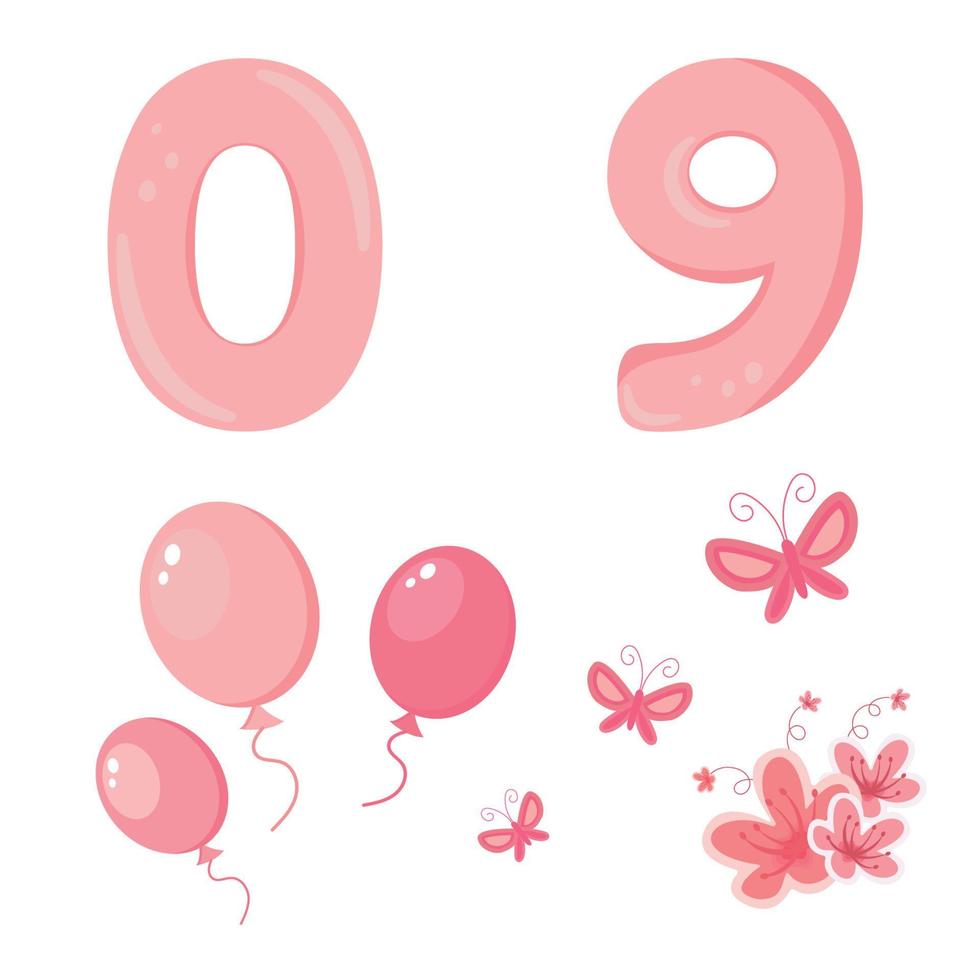 Cute vector set with numbers. Hand drawn illustration in pastel blue pink colour. Doodle and cartoon style. Perfect for happy birthday design in childish style. Baby girl birthday concept