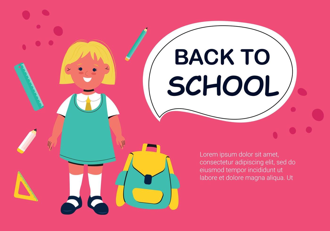 Banner Back to school with a smiling student and school supplies. Colorful back to school template for invitation, poster, banner, promotion, sale, etc. school supplies cartoon illustration. Vector