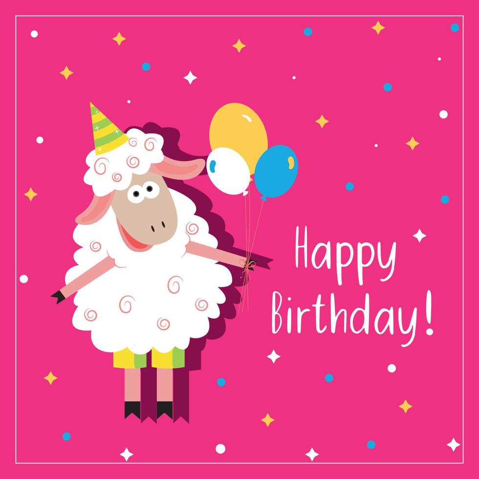 Vector greeting card with a sheep. Bright pink happy birthday card.