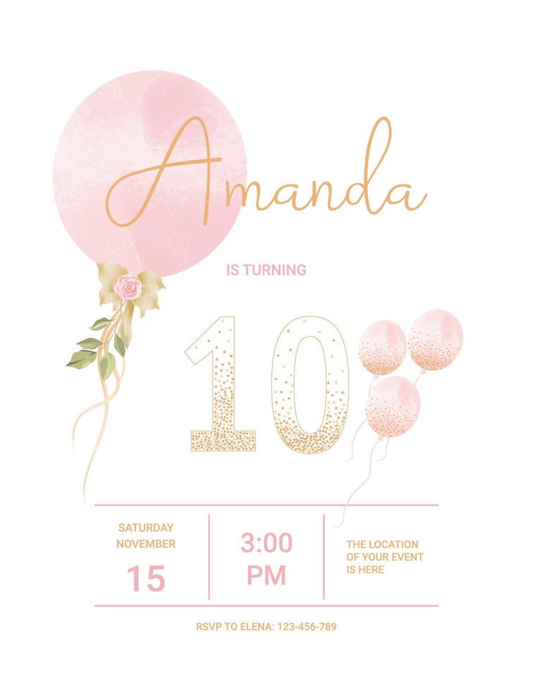 tarjeta de invitación para la fiesta de cumpleaños de la niña. plantilla para invitación de baby shower. diez años vector