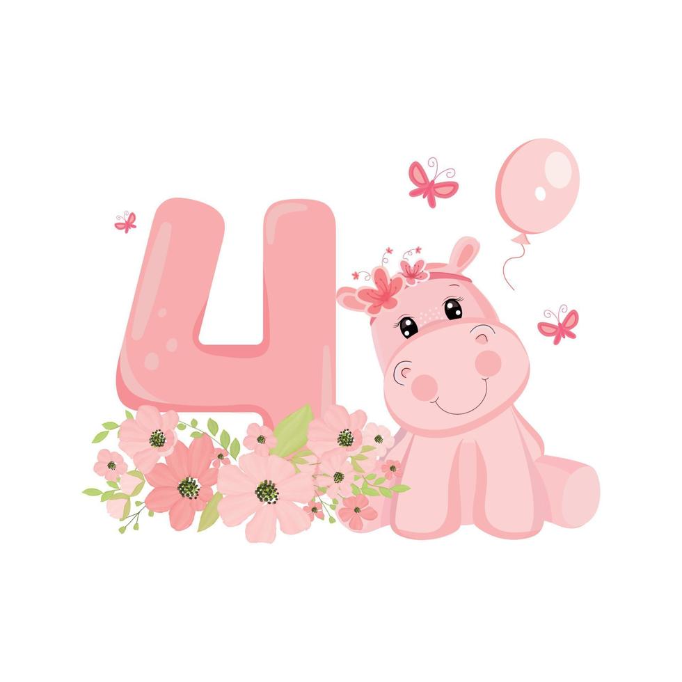 Cute baby girl hippo. Birthday invitation. Four years, four months. Happy birthday vector