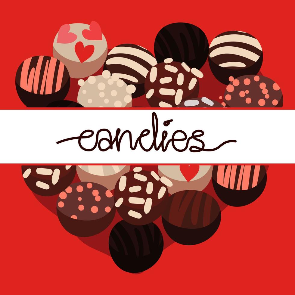 Illustration with chocolates in the form of a Valentine's day card. Candy on a pink background with an inscription. Printing on paper for the holiday. Mother's day, birthday. Postcard, banner vector