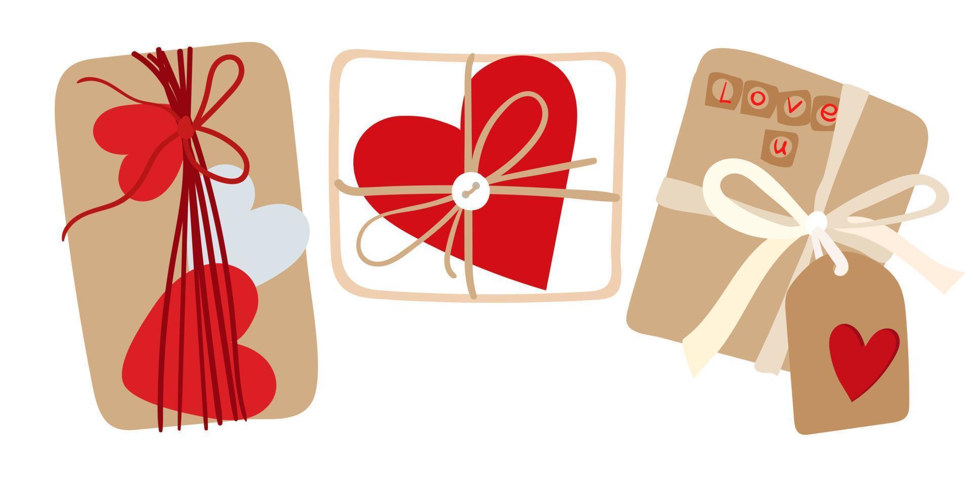 un conjunto de regalos. regalos de san valentín empaquetados simples sobre un fondo blanco. los regalos en la paleta de colores principal son rojo, blanco, beige. ilustración aislada para imprimir en postales y pancartas. vector