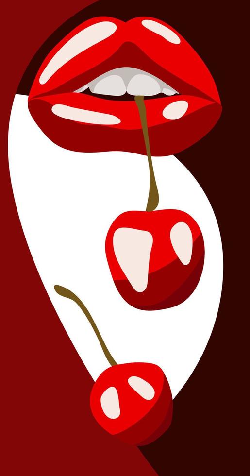 Illustration of bright red lips with a cherry on an abstract background. A bright banner, a flyer for cherry-flavored products. Printing on textiles and paper Vector illustration for marketing