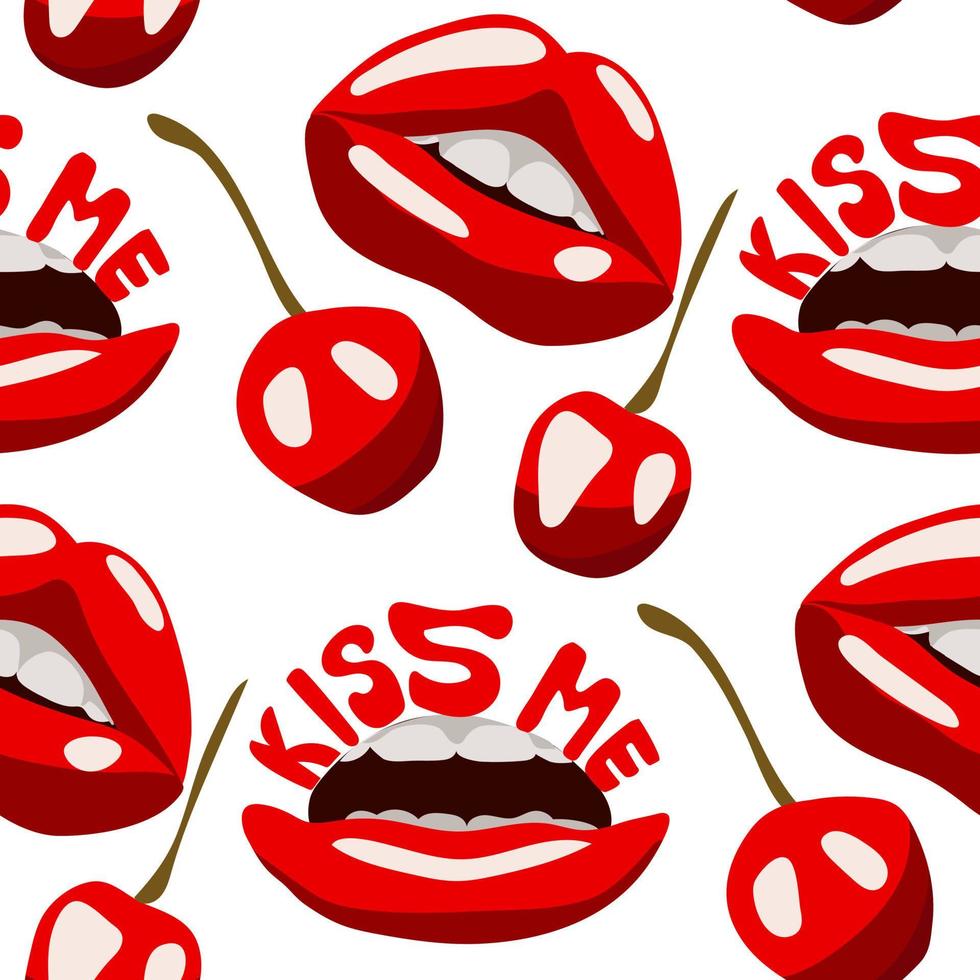 A pattern with red lips and a cherry on a white background. Red lipstick with the inscription kiss me. An open mouth tries to catch a cherry. Background for packaging for the Valentine's Day vector