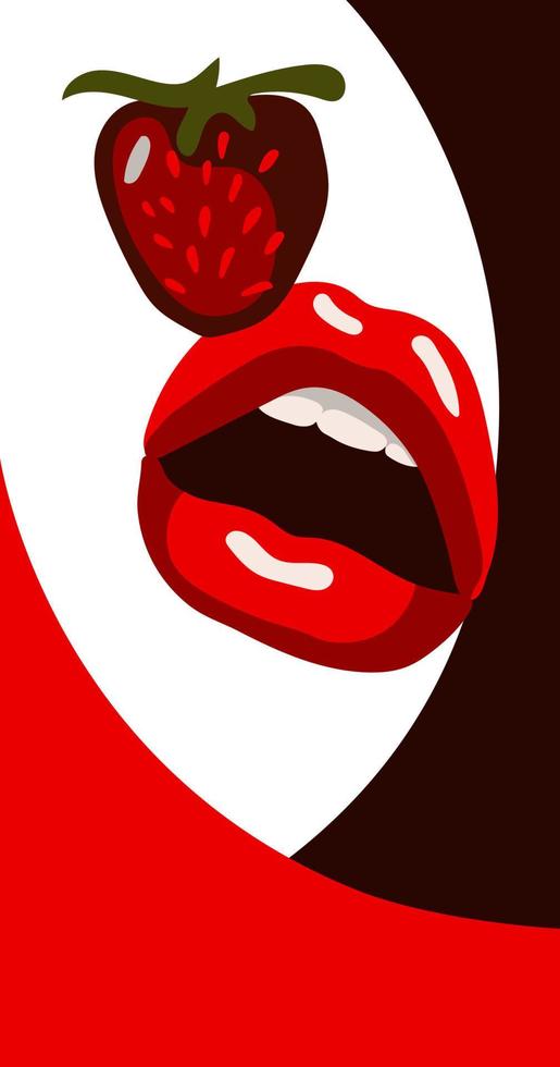 ilustración de labios rojos brillantes con fresas sobre un fondo abstracto. una pancarta brillante, un volante para productos con sabor a fresa. impresión en textiles y papel ilustración vectorial para marketing vector