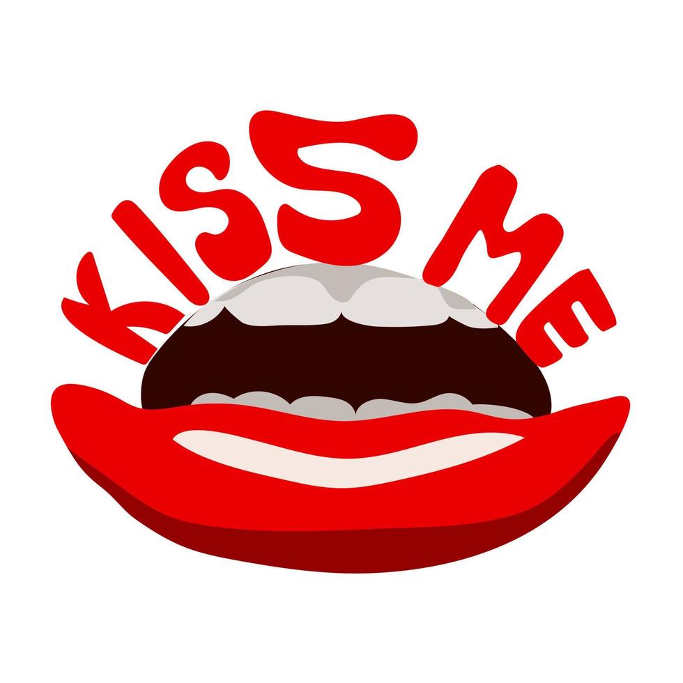 Sexy red lips on the upper lip the inscription kiss me. Isolated on a white background. Flat design. Print on clothes and postcards. Vector illustration. For Valentine's Day