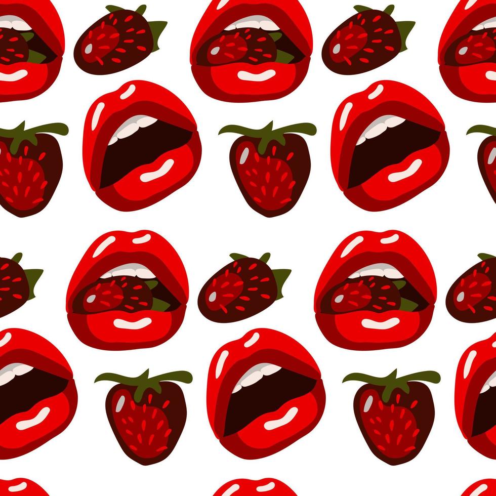 A pattern with red lips and strawberries on a white background. Red lipstick. An open mouth tries to catch strawberries. Background for packaging for the Valentine's Day holiday vector