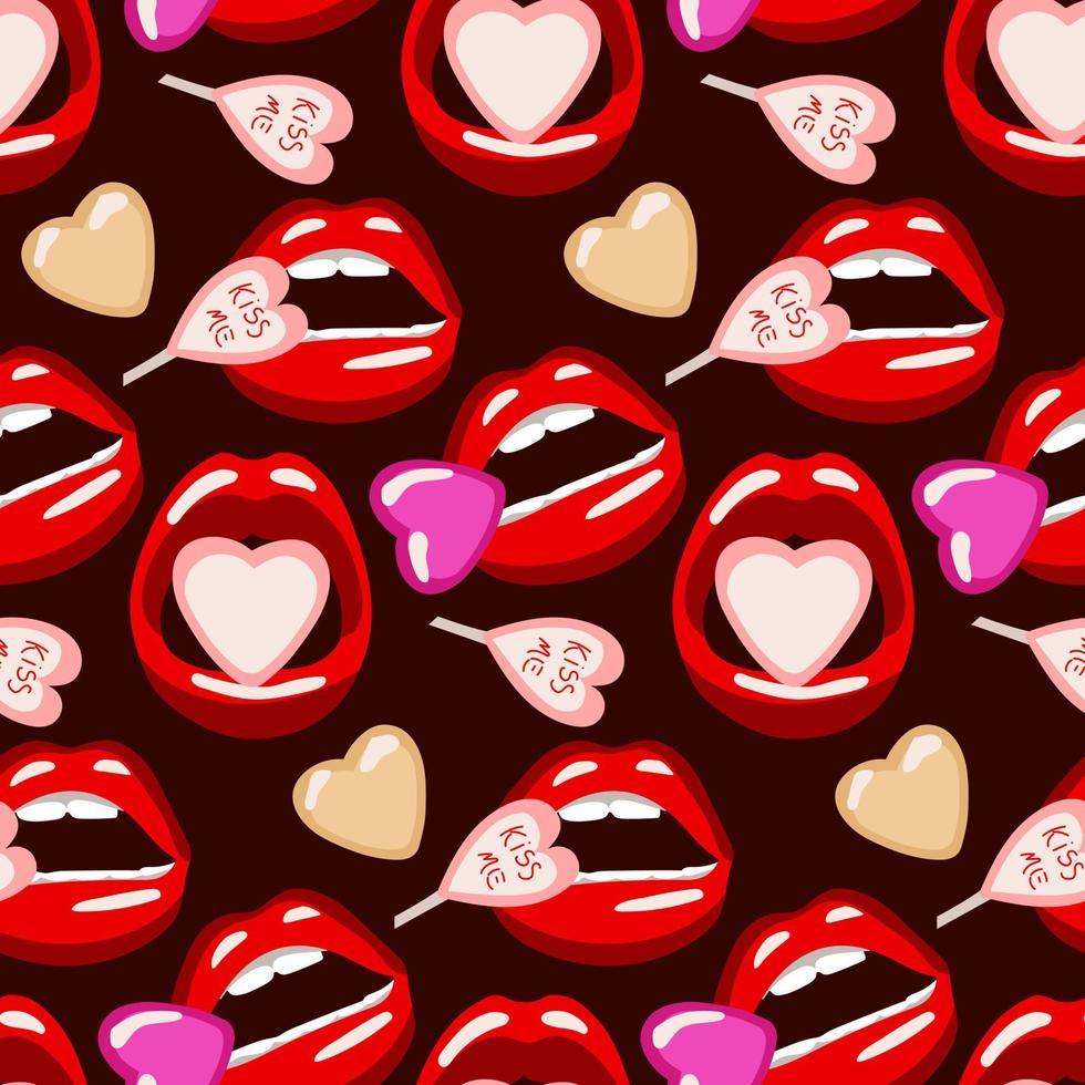 A pattern with red lips in the form of a candy, a mouth with a candy inside on a dark background. Lips with sweets and pills. Pattern packaging for the Valentine's Day holiday. vector