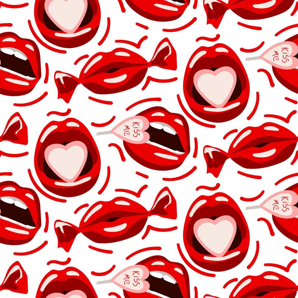 A pattern with red lips in the form of a candy, a mouth with a candy inside on a white background. Lips with sweets and pills. Pattern packaging for the Valentine's Day holiday. vector