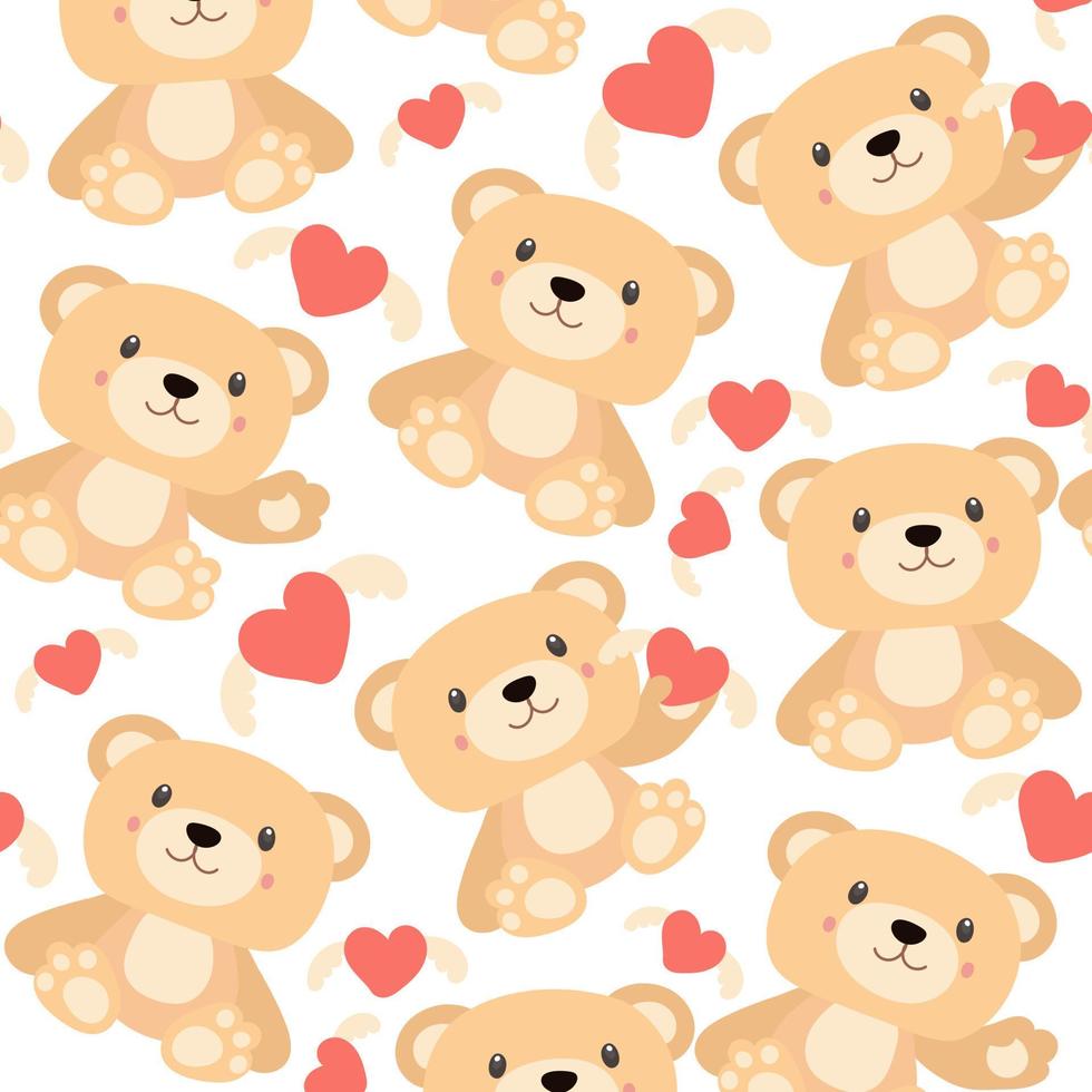 Pattern of soft toys. A beige bear with a toy in his hands and in different poses. Background for printing on textiles and paper. Gift packaging for children's parties. Background for boys and girls vector