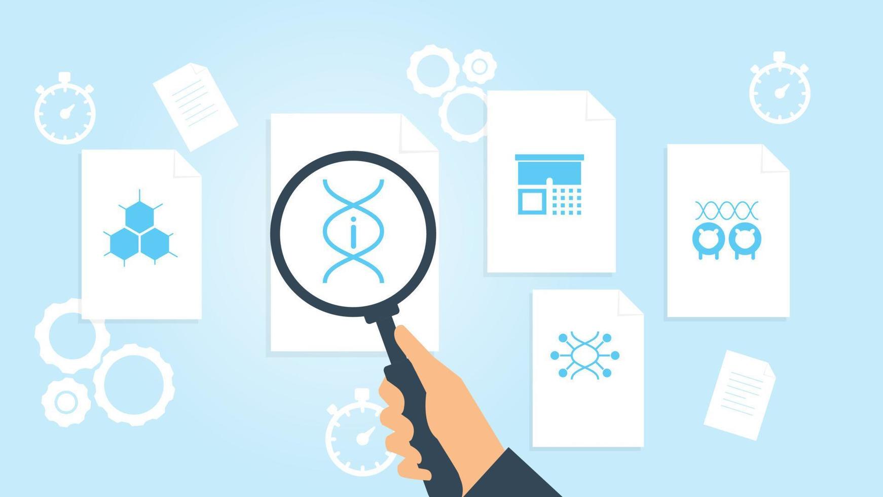 Cloning, dna, sheep file, document research vector illustration. Document with search icons. File and magnifying glass. Analytics research sign. Vector Illustration on white background