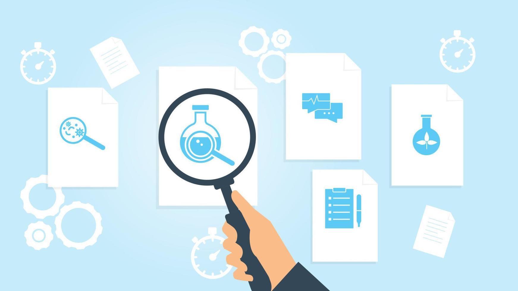 Biology, plants file, document research vector illustration. Document with search icons. File and magnifying glass. Analytics research sign. Vector Illustration on white background