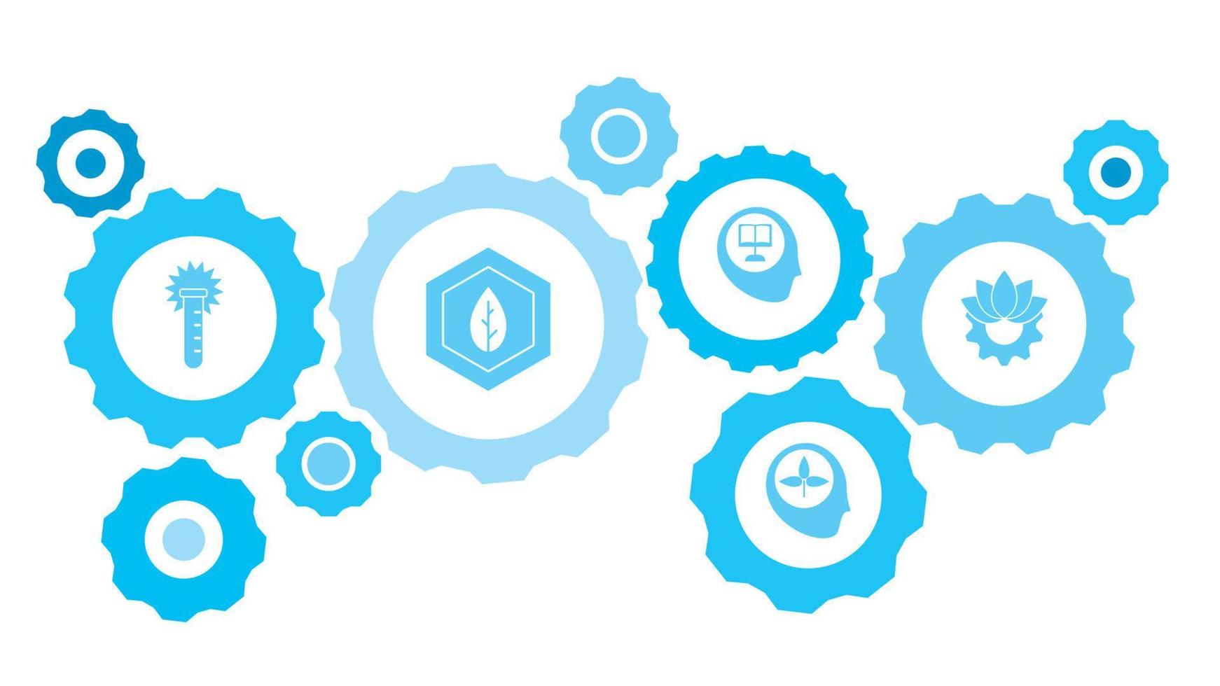 Ecological, biology, gear gear blue icon set. Connected gears and vector icons for logistic, service, shipping, distribution, transport, market, communicate concepts. on white background