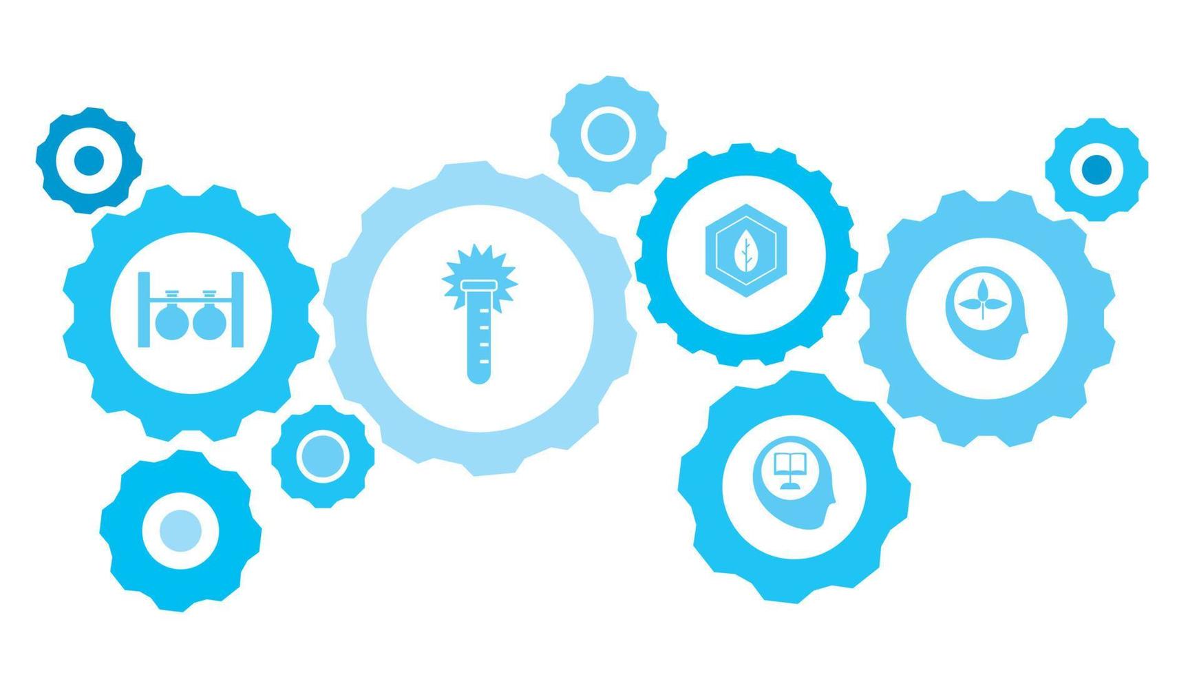 Consciousness, learning, biology gear blue icon set. Connected gears and vector icons for logistic, service, shipping, distribution, transport, market, communicate concepts. on white background