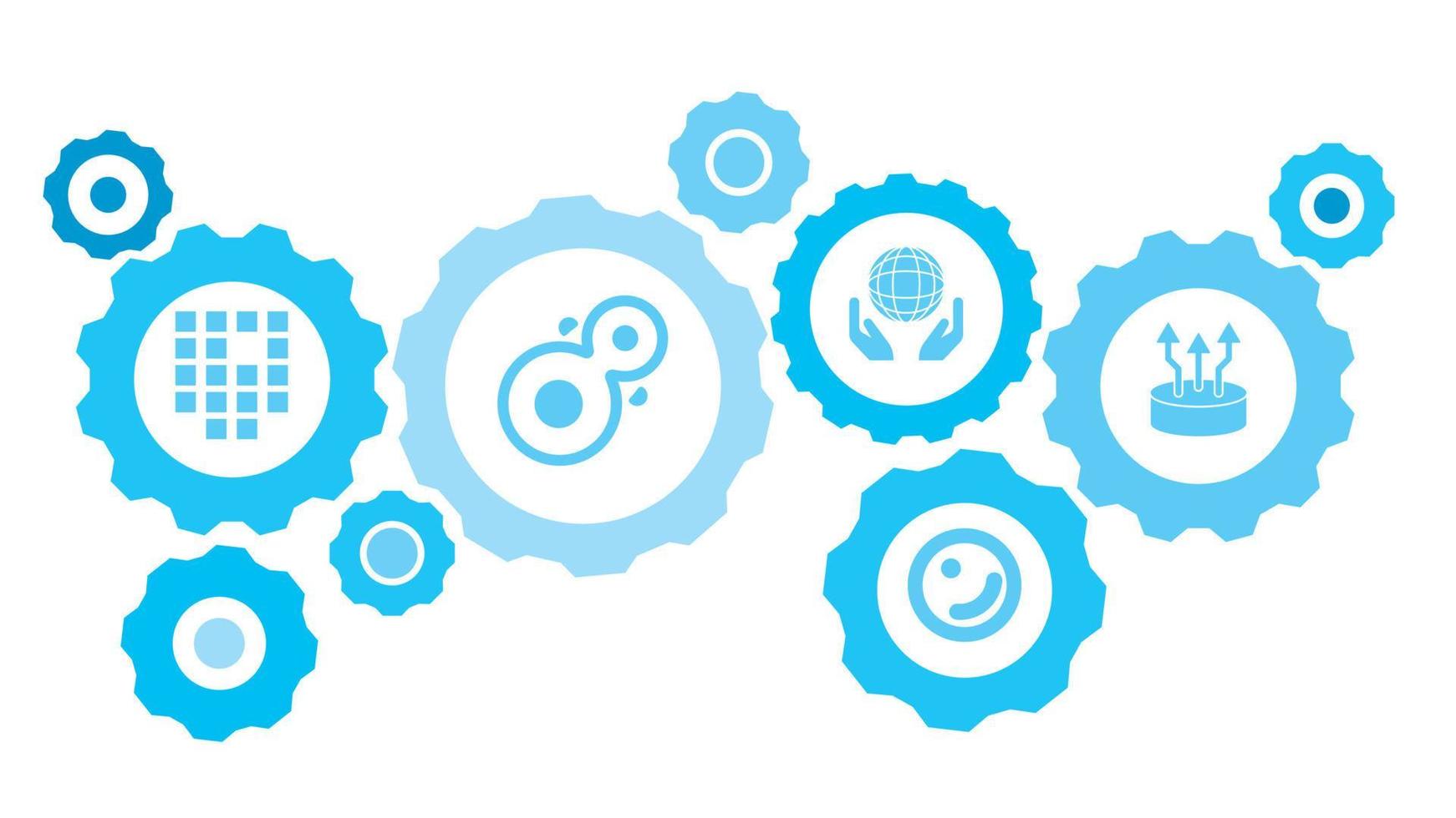 Growth, biology gear blue icon set. Connected gears and vector icons for logistic, service, shipping, distribution, transport, market, communicate concepts. on white background