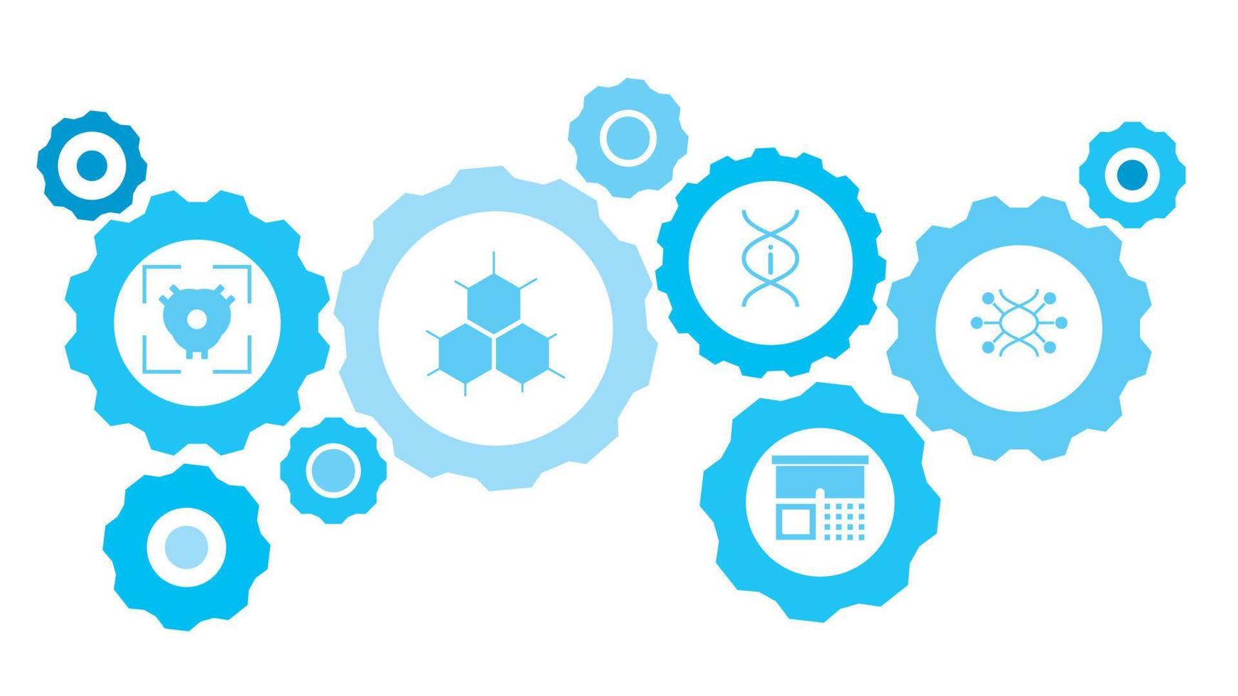 genoma, conjunto de iconos azules de engranajes de adn. engranajes conectados e íconos vectoriales para logística, servicio, envío, distribución, transporte, mercado, conceptos de comunicación. sobre fondo blanco vector