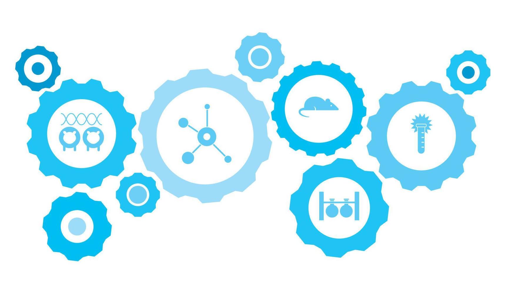 conjunto de iconos azules del engranaje de reacción química. engranajes conectados e íconos vectoriales para logística, servicio, envío, distribución, transporte, mercado, conceptos de comunicación. sobre fondo blanco vector