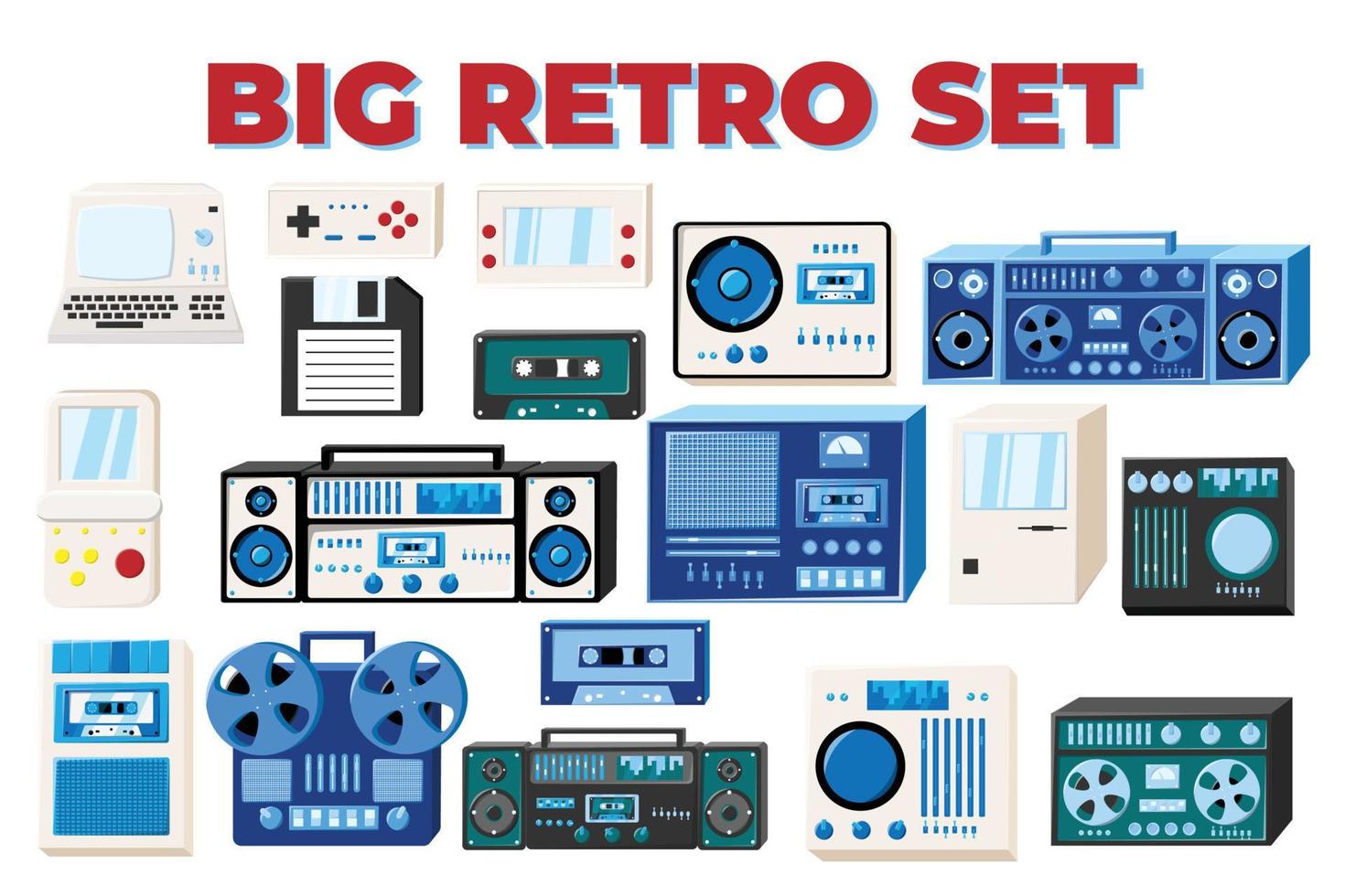 Set of old retro vintage isometry tech electronics cassette audio tape recorder, computer, game consoles for video games from the 70s, 80s, 90s. Vector illustration