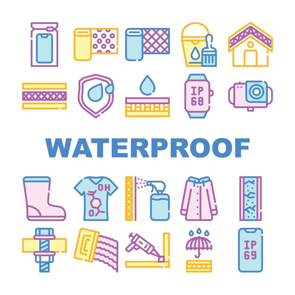 Waterproof Material Collection Icons Set Vector Illustrations