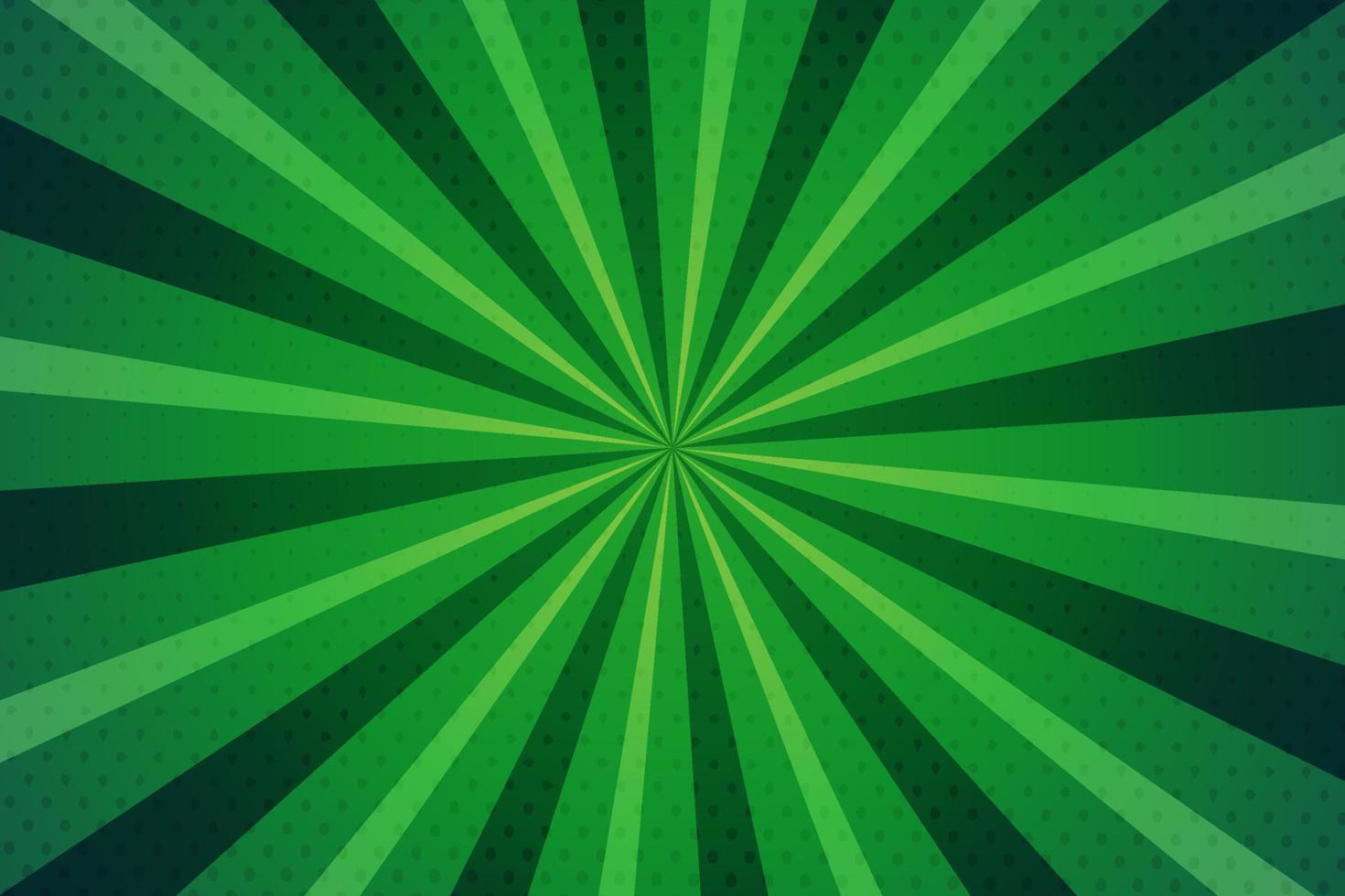 Comic halftone burst background green color with rays, vector illustration