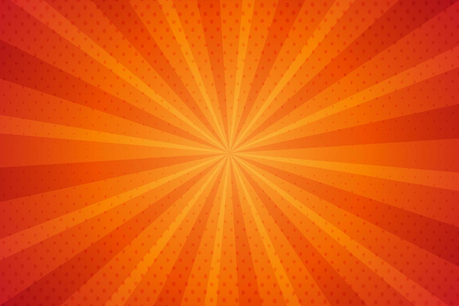Orange halftone sunburst background with rays, vector illustration