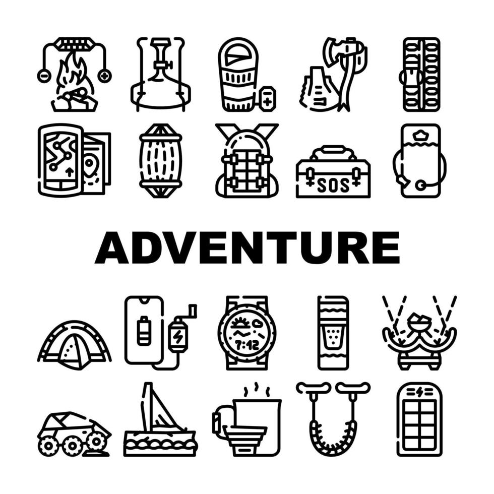 conjunto de iconos de colección de equipos de aventura vector plano