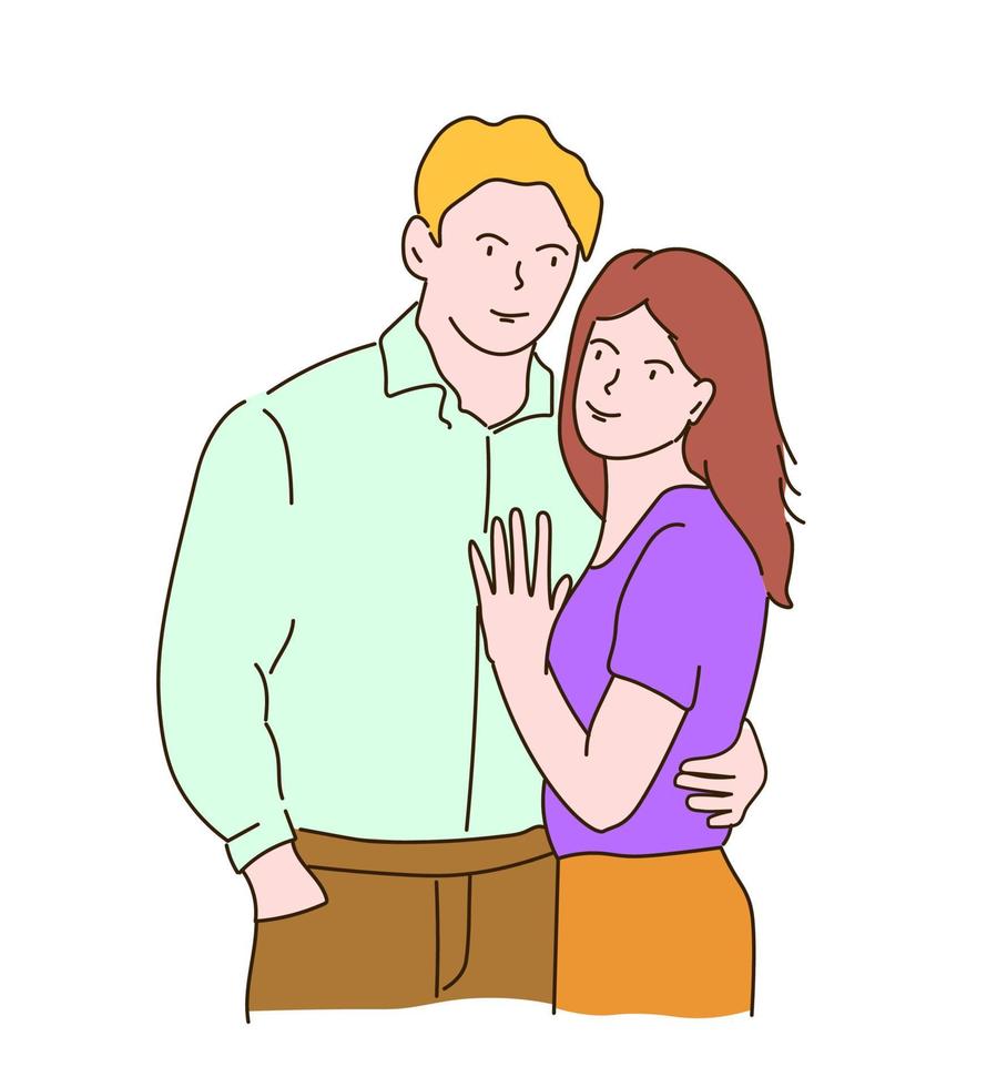 A young couple embraces, looks at each other. A guy and a girl in love together. Vector linear graphics, hand drawing.