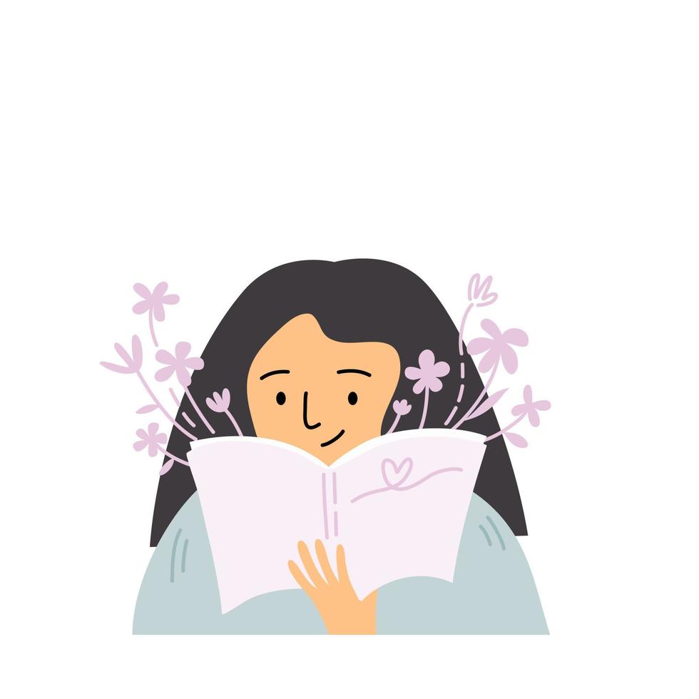 Isolated of a woman smiling and reading a book with flowers on background, coping strategies concept. Flat vector illustration.