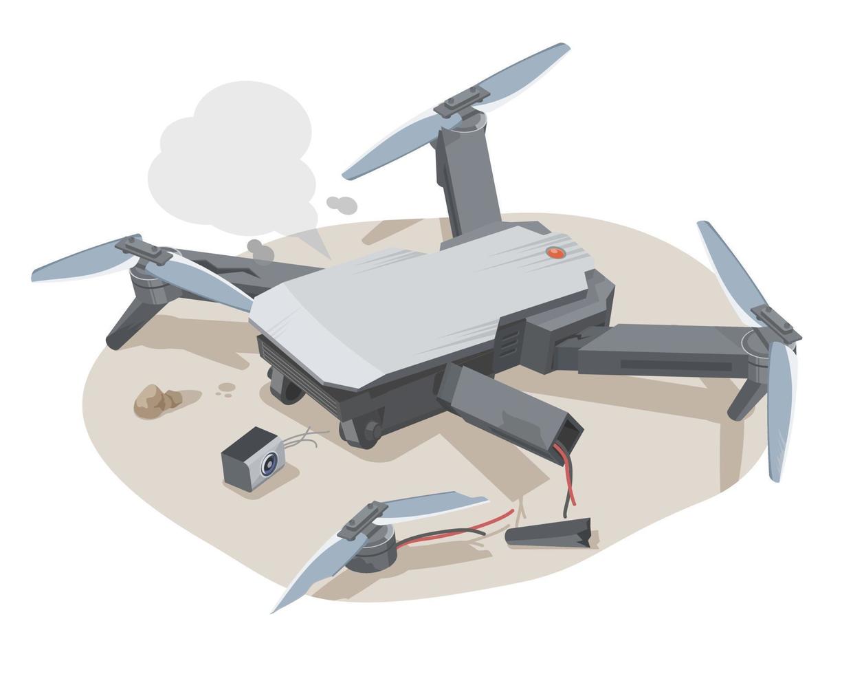 drone aéreo cuidado accidente caída accidente problema fallido en pilotos principiantes tiempos de entrenamiento ilustración isométrica vector aislado