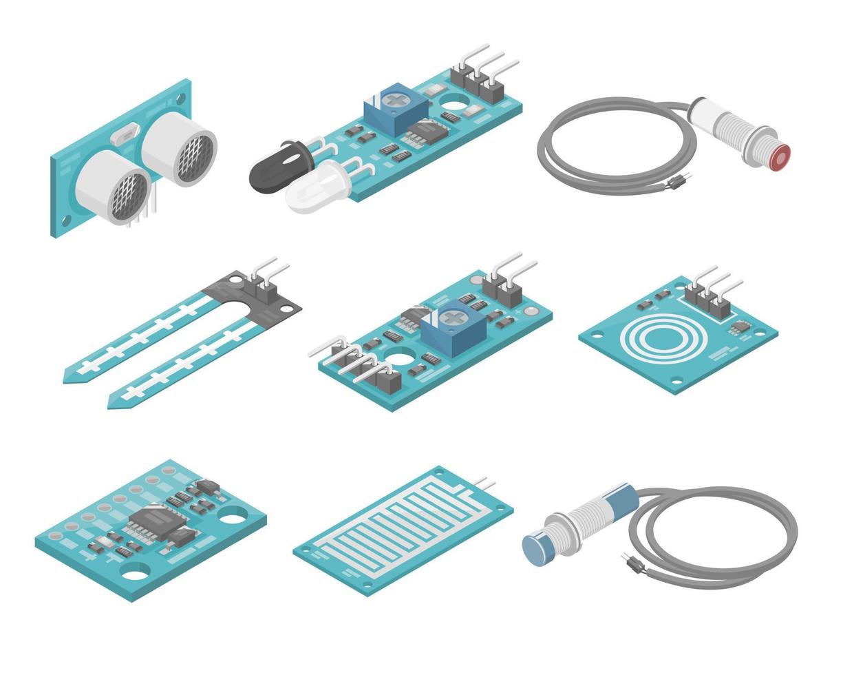 Arduino Sensor Module   gyroscope touch soil ultrasonic IR microcontroller sensor interface plc industrial component isometric Isolated vector illustration cartoon