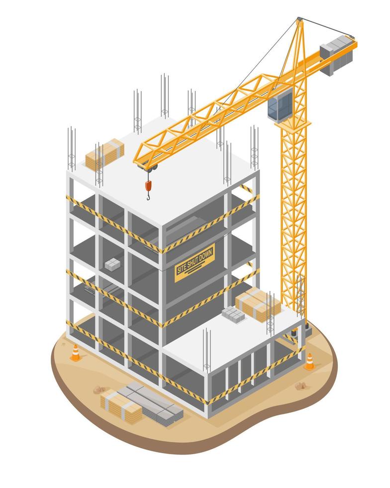 orden para detener el problema de trabajo sitio de construcción de emergencia cerrar el edificio en el sitio de construcción y la grúa torre de cabeza de martillo sistema de elevación de servicio pesado ilustración isométrica vector aislado