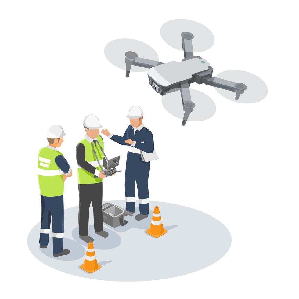 construcción industrial servicios de drones aéreos mantenimiento e inspección inspector ingeniero y técnico trabajando fábrica isométrica ilustración aislada vector