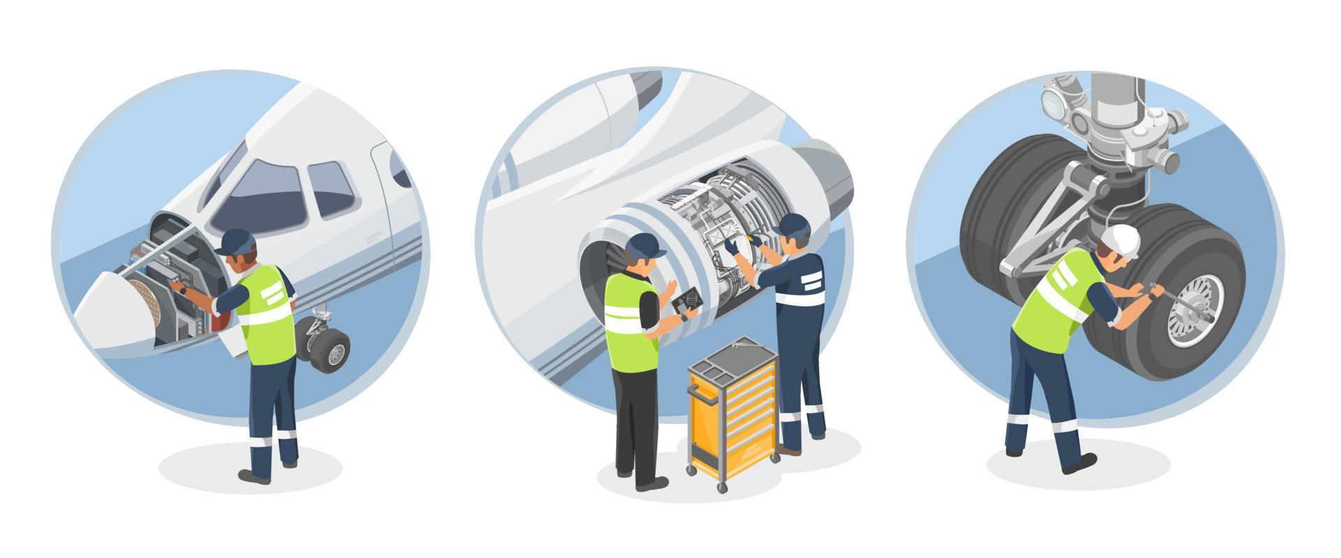 Airplane Engineer Technician Aircraft Jobs Concept Maintenance  and Repair Service Small Jet engine Flight illustration isometric isolated vector