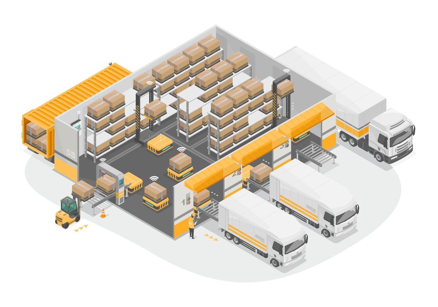 almacén inteligente robot de carga pesada amarillo transporte para envío iot y sistema comercial o gran logística aislamiento isométrico de fábrica inteligente vector